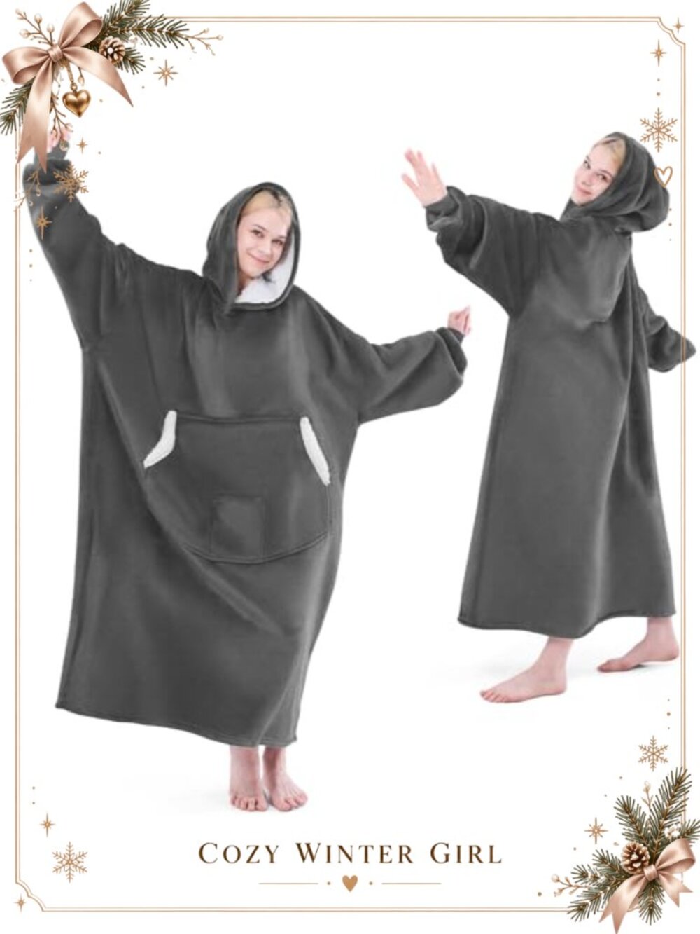 Oversized Sherpa Fleece Wearable Blanket Hoodie with Hood Pocket Sleeves